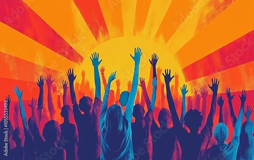 Vibrant illustration of young people raising their hands in solidarity, advocating for gender equality, human rights, and climate justice