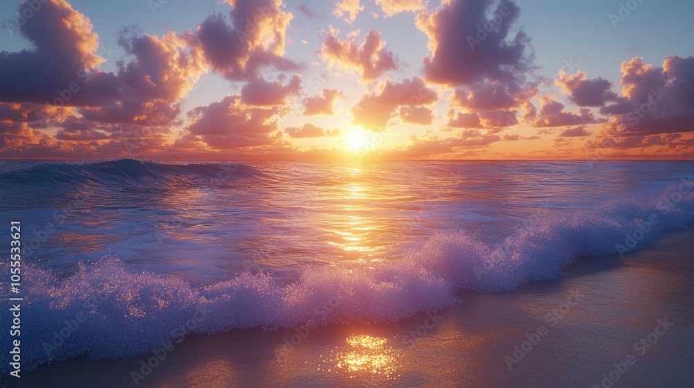 Sunset Over a Tranquil Sea with Breaking Waves Sunset Over a Tranquil Sea with Breaking Waves