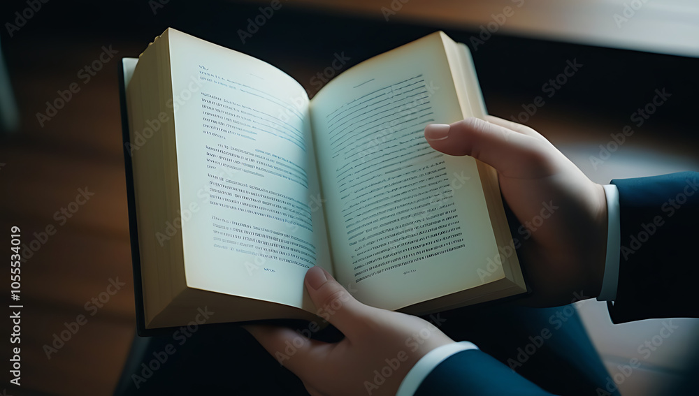 Fototapeta premium hands holds open book blank pages cut size