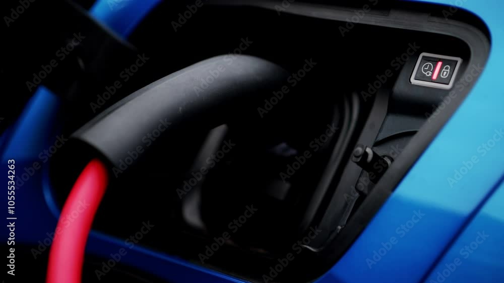 Close up of the charging port of a blue, electric car Close up of the charging port of a blue, electric car