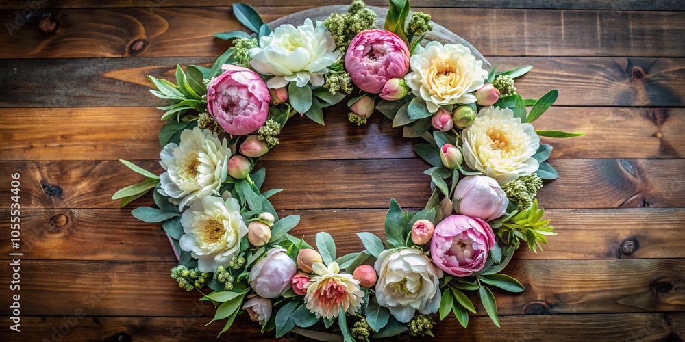 Stunning Aerial View of a Peony Pink and White Wreath Surrounded by Lush Greenery for Floral Inspiration Stunning Aerial View of a Peony Pink and White Wreath Surrounded by Lush Greenery for Floral Inspiration