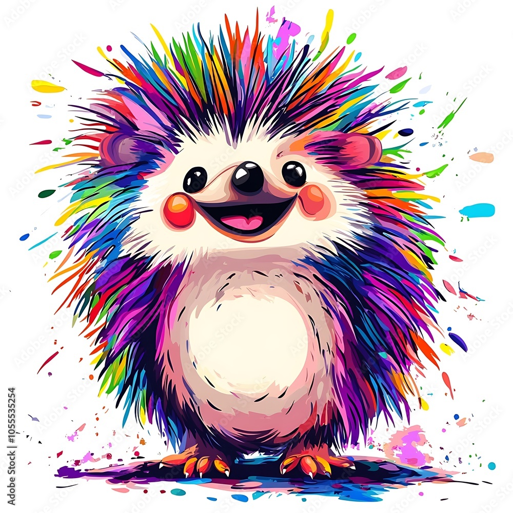 A cartoon happy hedgehog with bright, colorful quills on a white background. A cartoon happy hedgehog with bright, colorful quills on a white background.