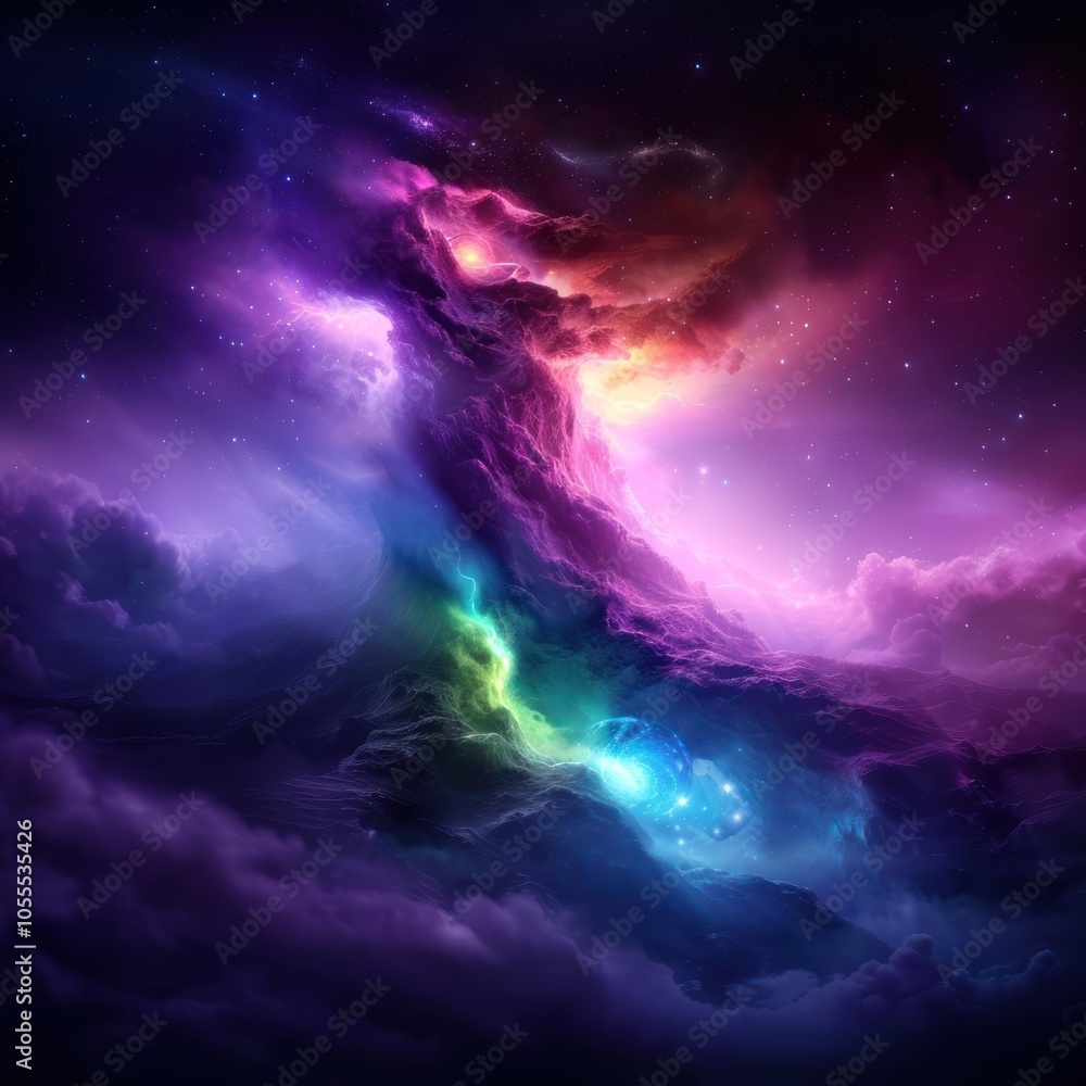 Obraz premium A vibrant cosmic scene featuring swirling clouds, bright colors, and ethereal light, evoking a sense of wonder and the vastness of the universe.