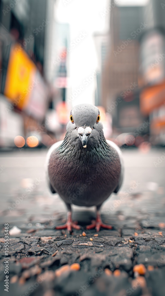A close-up of a pigeon standing confidently on an urban street, surrounded by blurred city lights and buildings, capturing the essence of city life.