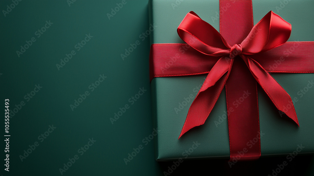Green gift with red ribbon and bow on green background with copy space. Green gift with red ribbon and bow on green background with copy space.