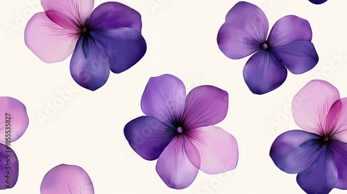 The image is of five large purple flowers with some pink hues, set against a white background.