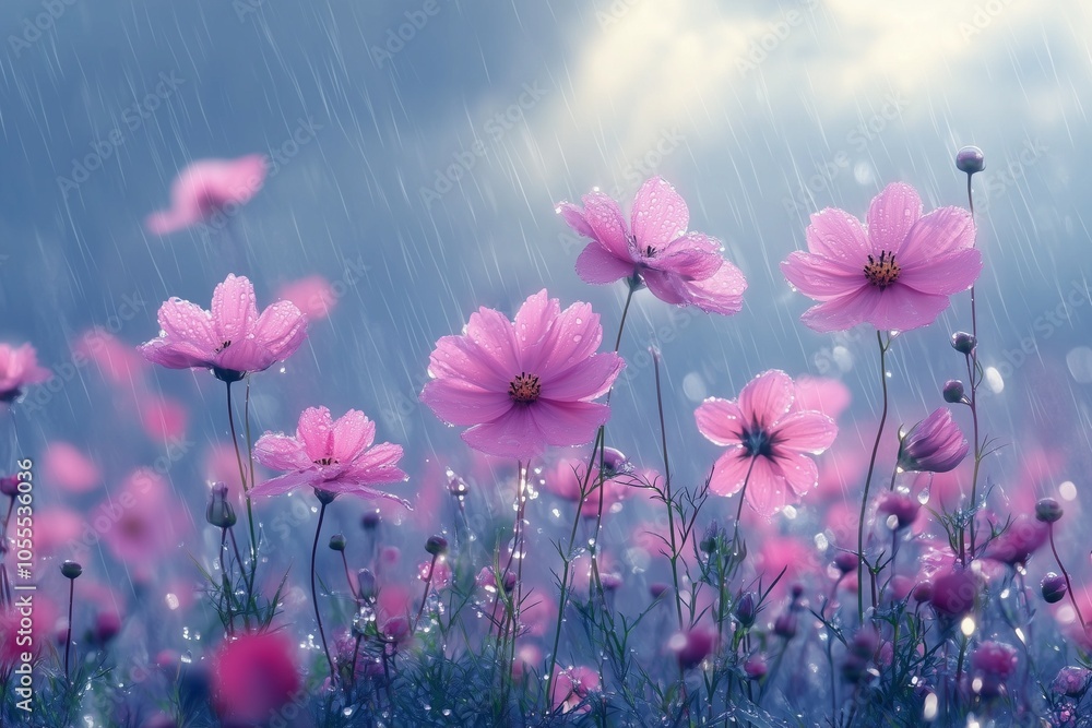 Beautiful rain in the flowers feild