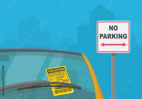Ticket affixed to the windshield of a vehicle parked in a prohibited parking area (usa,flat design)