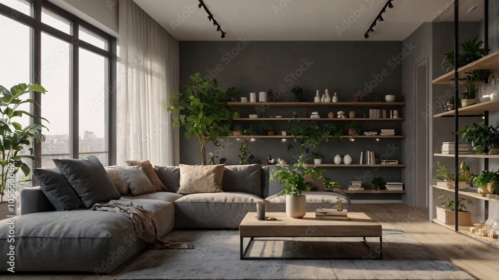 A modern living room with a large gray sofa, minimalist coffee table, and wall-mounted shelves, decorated with indoor plants and soft lighting for a cozy ambiance A modern living room with a large gray sofa, minimalist coffee table, and wall-mounted shelves, decorated with indoor plants and soft lighting for a cozy ambiance