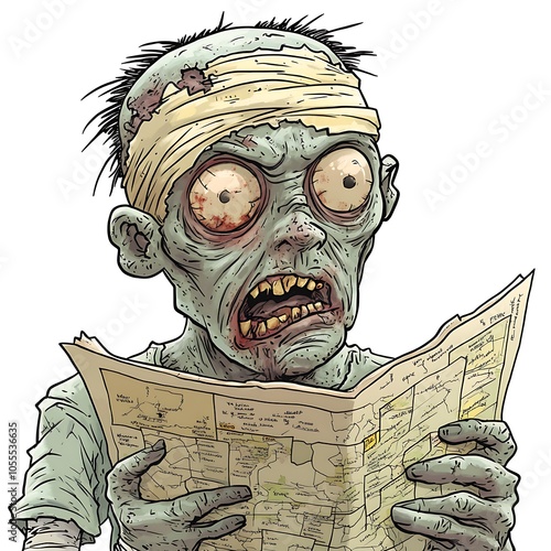 A cartoon zombie with a bandaged head, trying to read a map upside down with a confused expression on a white background. photo