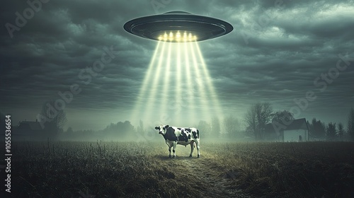 An eerie scene of a UFO abducting a cow from a farm, with beams of light shining down, showcasing a humorous take on classic alien abduction lore photo