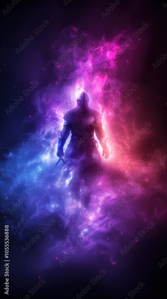 A cosmic figure stands silhouetted in a vibrant nebula of purple and blue, embodying a mix of mystery and celestial energy. A cosmic figure stands silhouetted in a vibrant nebula of purple and blue, embodying a mix of mystery and celestial energy.
