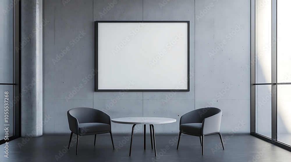 Minimalist interior with two chairs and a blank frame for artwork. Minimalist interior with two chairs and a blank frame for artwork.