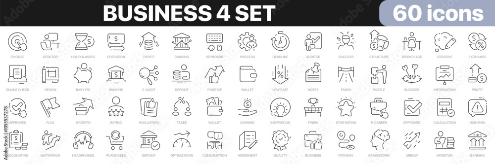 Business 4 set line icons collection. Finance, job, teamwork, analysis, banking, money, start up icons. UI icon set. Thin outline icons pack. Vector illustration EPS10 Business 4 set line icons collection. Finance, job, teamwork, analysis, banking, money, start up icons. UI icon set. Thin outline icons pack. Vector illustration EPS10