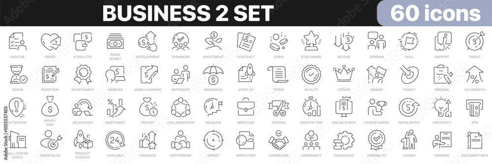 Business 2 set line icons collection. Finance, job, teamwork, analysis, banking, money, start up icons. UI icon set. Thin outline icons pack. Vector illustration EPS10 Business 2 set line icons collection. Finance, job, teamwork, analysis, banking, money, start up icons. UI icon set. Thin outline icons pack. Vector illustration EPS10