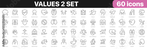 Values 2 set line icons collection. Religion, charity, relationship, justice, family, care icons. UI icon set. Thin outline icons pack. Vector illustration EPS10