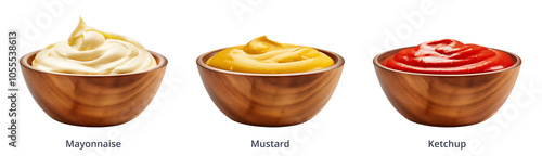 Mayonnaise, mustard, and ketchup in wooden bowls