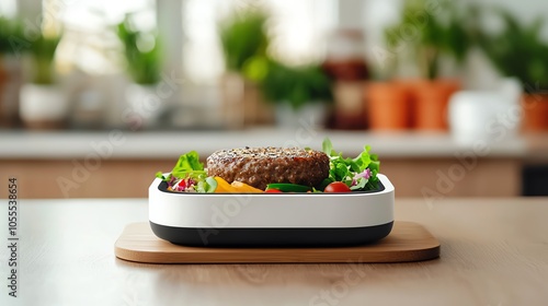 Closeup of a sleek device analyzing the nutritional content of a meal, soft lighting, shallow focus photo