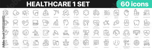 Healthcare 1 set line icons collection. Medicine, sport, psychology, pharmacy, ambulance, fitness icons. UI icon set. Thin outline icons pack. Vector illustration EPS10