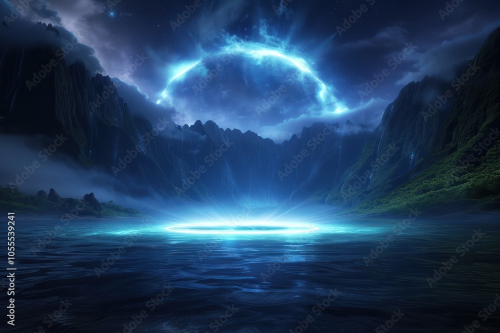 A serene, mystical landscape featuring a glowing blue arc above a tranquil body of water, surrounded by mountains under a night sky. A serene, mystical landscape featuring a glowing blue arc above a tranquil body of water, surrounded by mountains under a night sky.