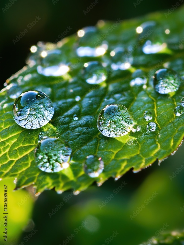 A high-definition macro photograph of crystal-clear water droplets delicately perched on the surface of a vibrant green leaf after a fresh rain. A high-definition macro photograph of crystal-clear water droplets delicately perched on the surface of a vibrant green leaf after a fresh rain.
