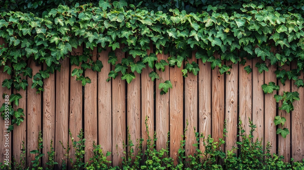 Lush green ivy climbing a wooden fence in a serene garden during the afternoon