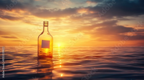 A message in a bottle drifting across the calm ocean waters, bathed in warm sunlight, symbolizing hope and distant communication.
