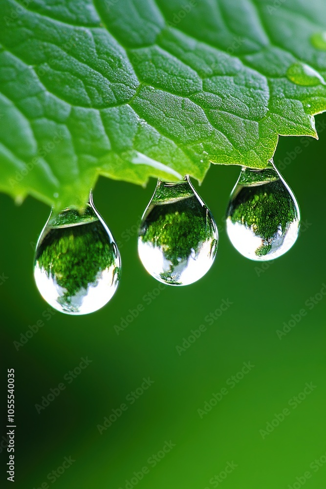 Fototapeta premium A high-definition macro photograph of crystal-clear water droplets delicately perched on the surface of a vibrant green leaf after a fresh rain.
