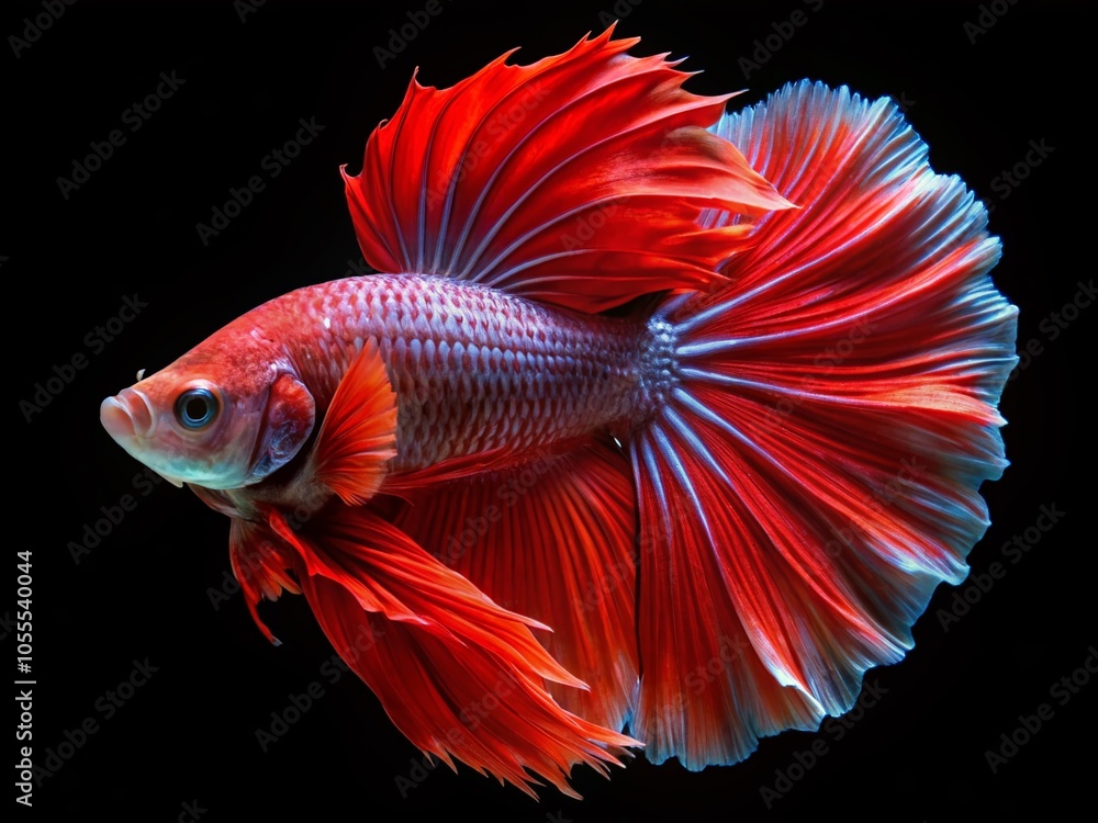 Stunning Macro Photography of Red Dragon Betta Siamese Fighting Fish on Black Background - Halfmoon and Rosetail Stunning Macro Photography of Red Dragon Betta Siamese Fighting Fish on Black Background - Halfmoon and Rosetail
