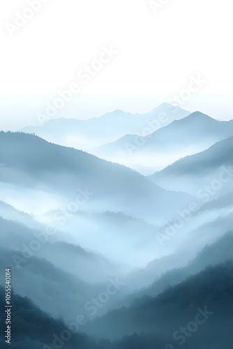 Serene landscape of misty blue mountains, creating a tranquil atmosphere with layers of fog enveloping the peaks, showcasing nature's calm and beauty.