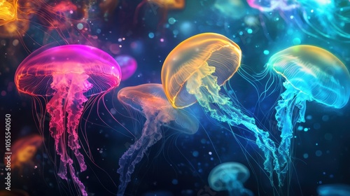 Beautiful glowing jellyfish in deep sea closeup view. Abstract background.