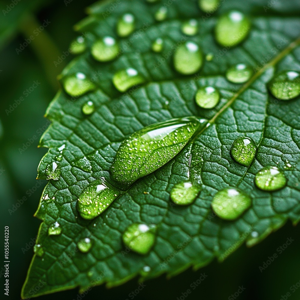 A high-definition macro photograph of crystal-clear water droplets delicately perched on the surface of a vibrant green leaf after a fresh rain. A high-definition macro photograph of crystal-clear water droplets delicately perched on the surface of a vibrant green leaf after a fresh rain.