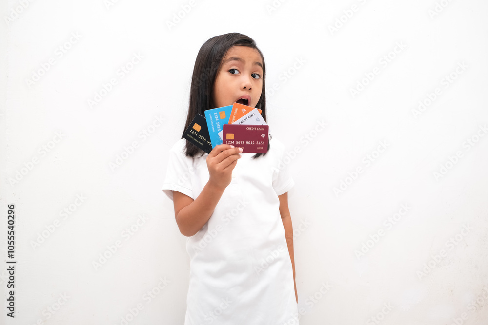 portrait of little girl holding credit card isolated white background portrait of little girl holding credit card isolated white background