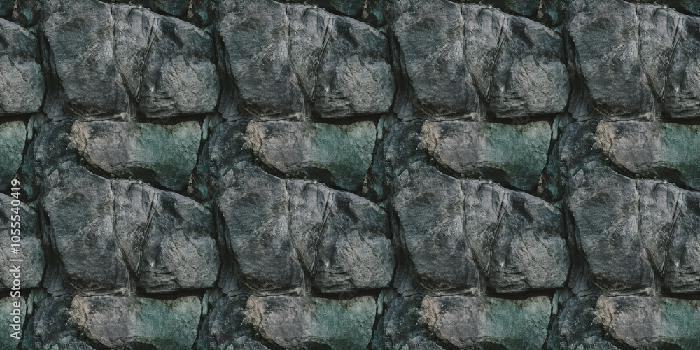 A close-up of stone with heavy weathering, with deep fissures and a blend of dark gray and greenish tones A close-up of stone with heavy weathering, with deep fissures and a blend of dark gray and greenish tones