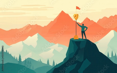  A businessman stands triumphantly on a mountain peak, holding a golden trophy cup next to a flag, representing success and accomplishment.  photo