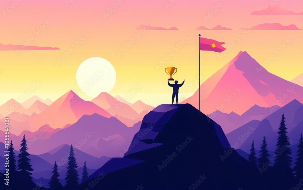 A businessman stands triumphantly on a mountain peak, holding a golden trophy cup next to a flag, representing success and accomplishment. A businessman stands triumphantly on a mountain peak, holding a golden trophy cup next to a flag, representing success and accomplishment.