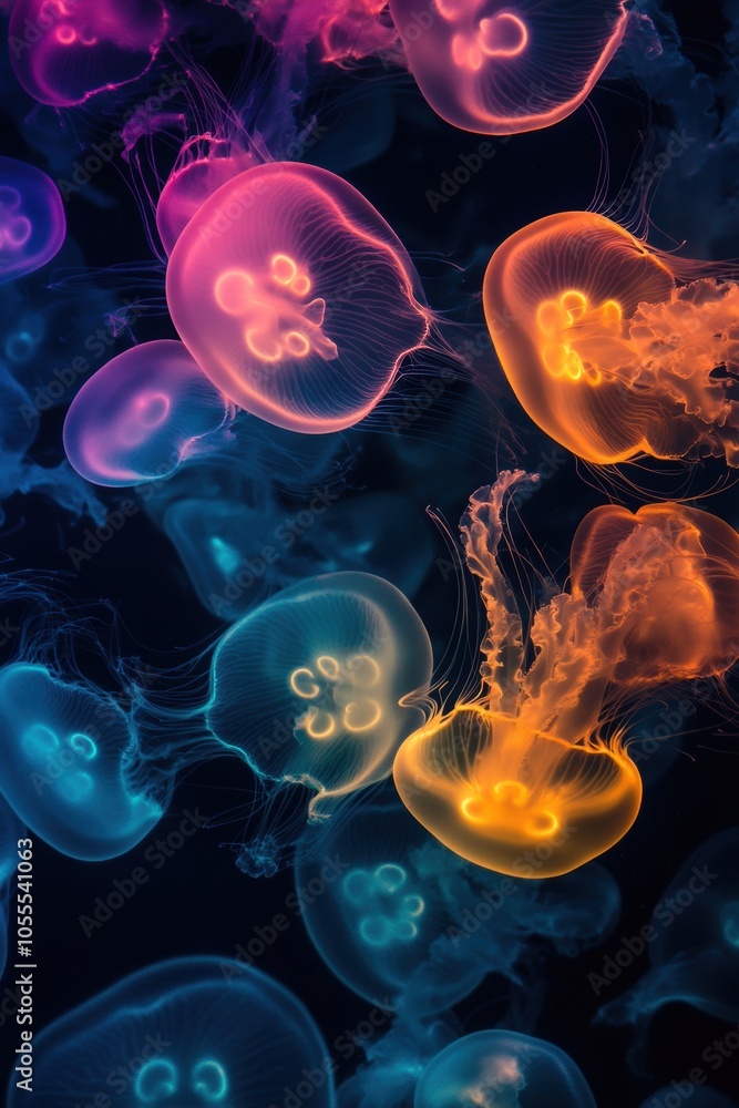 Beautiful glowing jellyfish in deep sea closeup view. Abstract background. Beautiful glowing jellyfish in deep sea closeup view. Abstract background.