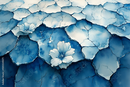 A serene abstract representation of blue petals with delicate white flowers, showcasing intricate textures and a calming color palette.