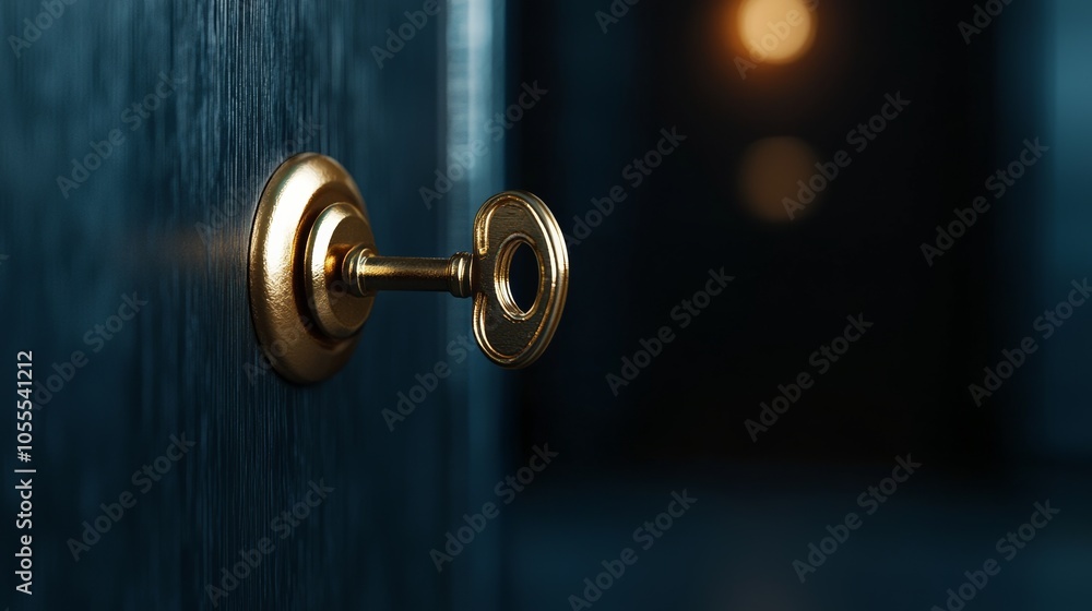 A golden key unlocks a safe deposit box in a blurred bank setting. Golden key unlocking safe deposit box represents wealth and security. A golden key unlocks a safe deposit box in a blurred bank setting. Golden key unlocking safe deposit box represents wealth and security.