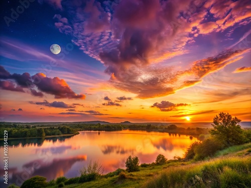 Stunning Panoramic Sunset with Sun and Moon Over Tranquil Landscape for Relaxation and Inspiration