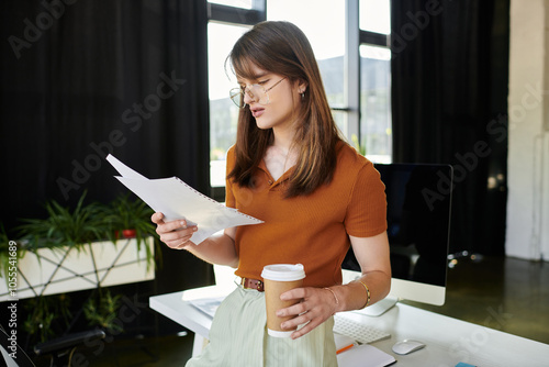 A young non binary person stands in a bright office, reading notes with a coffee cup in hand. photo