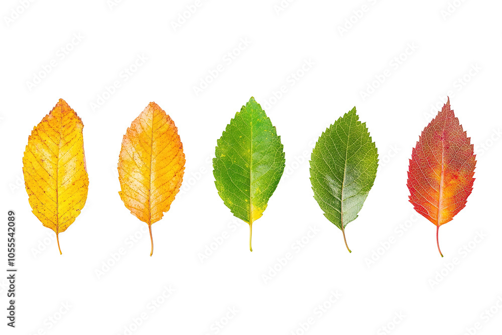 Fototapeta premium Three leaves of different colors, one yellow, one green, and one brown. on transparent background.