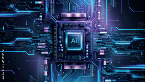 Abstract AI circuit board background. Technology connected blue lines with electronics elements on tech bg. Computer motherboard with a chip, processor, and semiconductor.