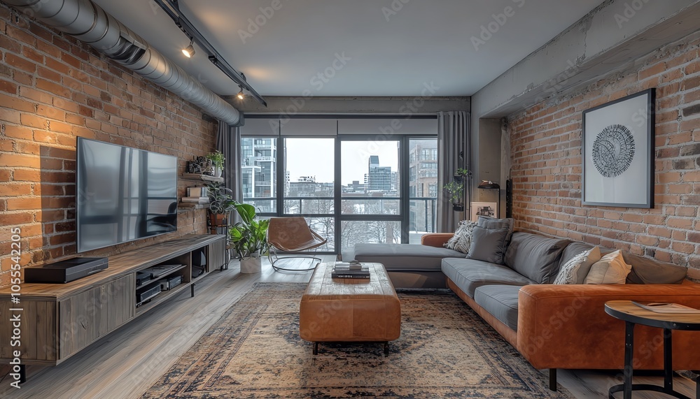Fototapeta premium Stylish living room in industrial style featuring exposed brick walls, metal accents, and rustic furnishings for a chic urban vibe