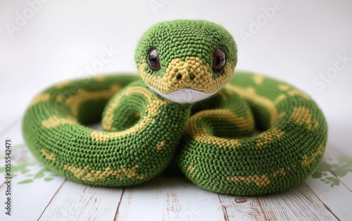 Hobbie. Cute Plush Green snake toy, knitted texture, children's room decor, unique gift idea, nursery decoration, soft toy, colorful stuffed animal photo