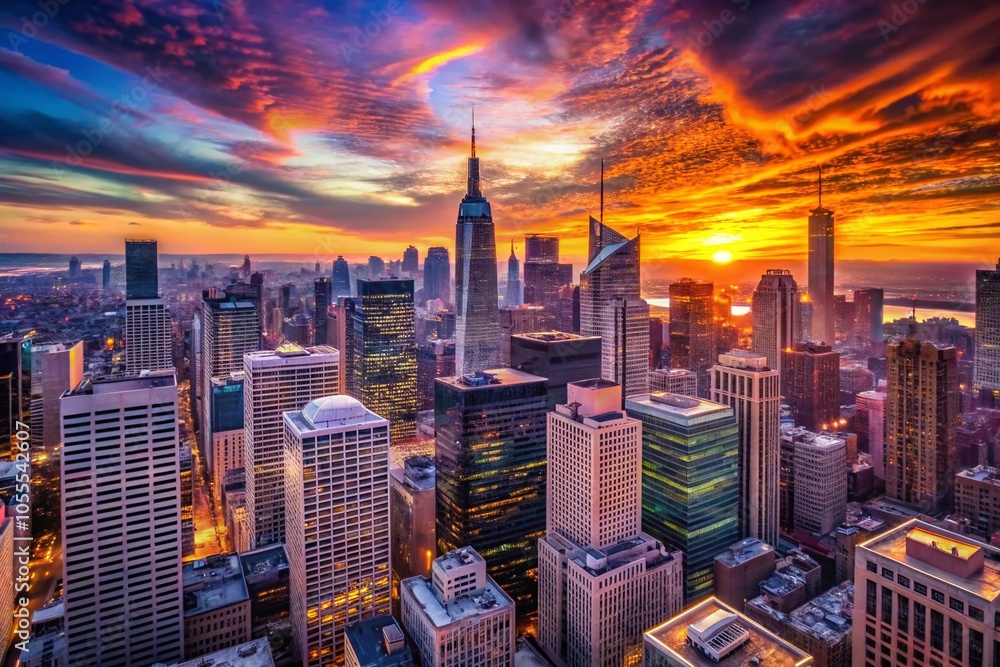 Fototapeta premium Stunning Silhouette Cityscape at Dusk - Urban Skyline with Colorful Sunset Background