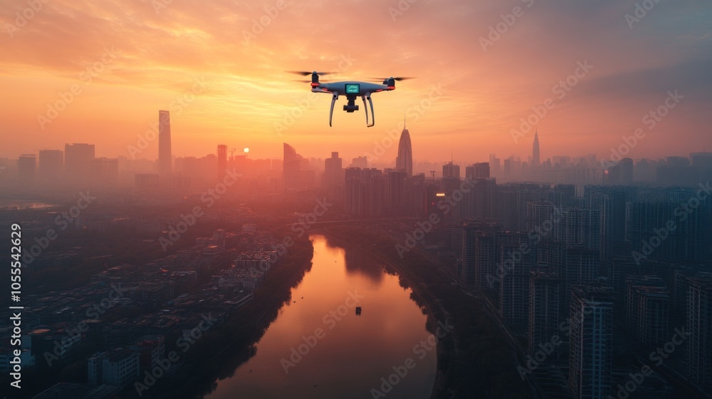Drone Over Sunset Cityscape Skyline Drone Over Sunset Cityscape Skyline