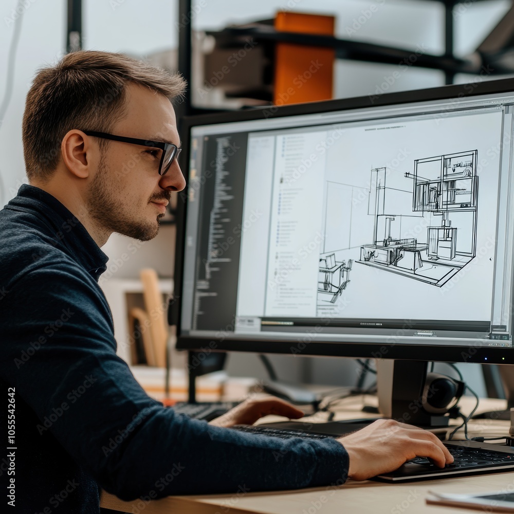 Concentrated young Caucasian man working on architectural designs at his desk. Concentrated young Caucasian man working on architectural designs at his desk.