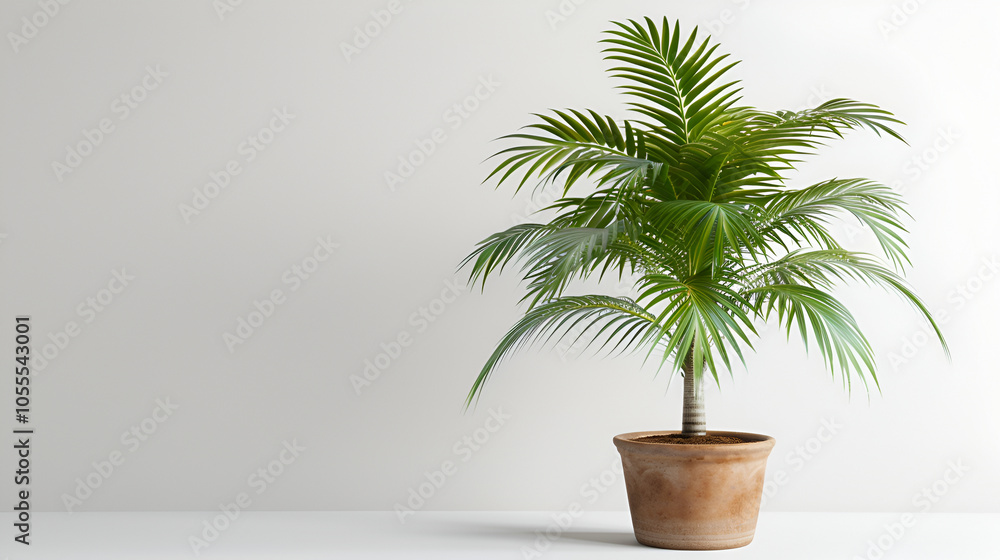 green palm plant in a white vase against a white wall ,Potted palm plant against a white background green palm plant in a white vase against a white wall ,Potted palm plant against a white background