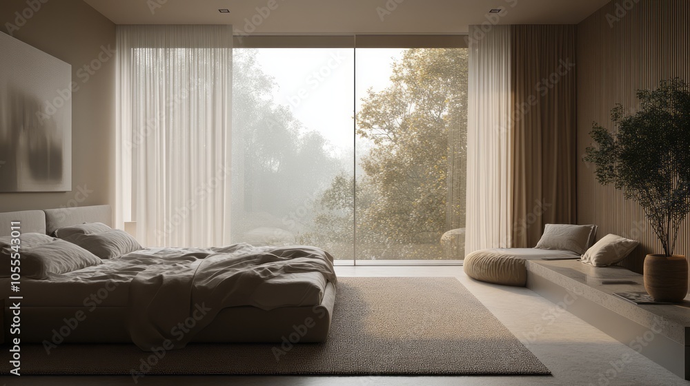 Fototapeta premium A bedroom with floor-to-ceiling windows, elegant yet simple furniture, and muted tones that create a feeling of quiet sophistication